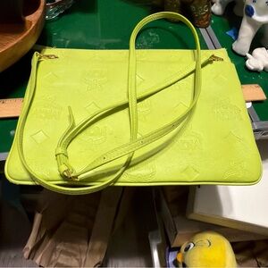 MCM Crossbody Pouch W/Strap Embossed Monogram Leather Acid Lime Medium